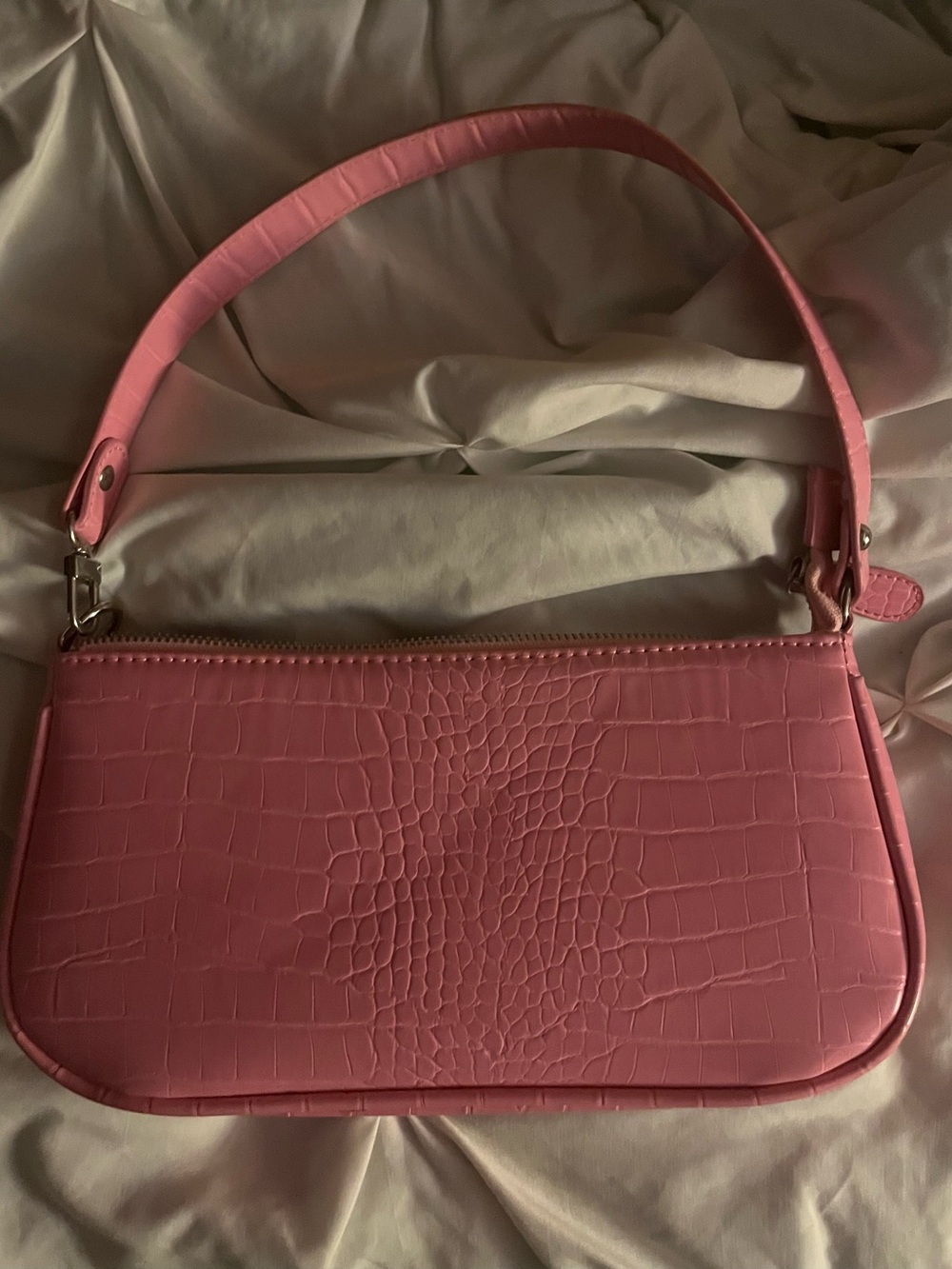 Amazon Pink Croc-Embossed Shoulder Bag
